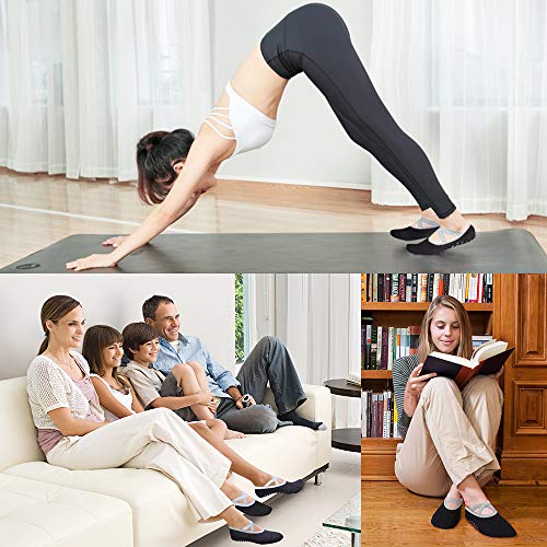 Hually Calcetines Pilates Yoga, 2 Pares Pilates Calcetines Antideslizantes Mujer pour Yoga, con Asas y Correas, Pilates, Barra, Ballet,Fitness Antideslizantes Calcetines(Negro/Gris)