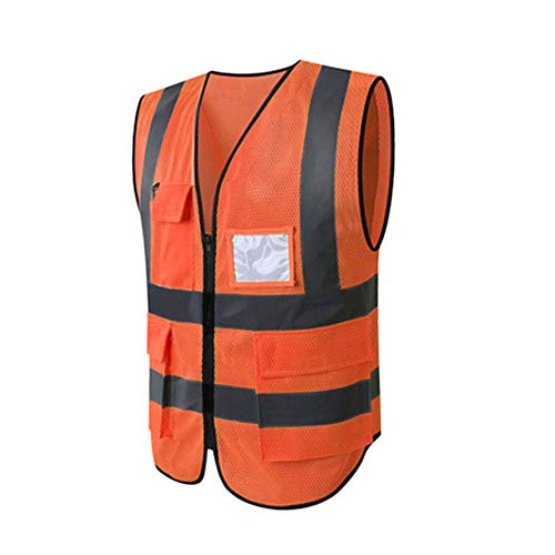 Hycoprot Chaleco de seguridad Reflectante Alta visibilidad Ropa de trabajo Gerente ejecutivo Chaqueta de chaleco Cremallera Brace Seguridad Teléfono móvil Titular de ID de bolsillo(S, Naranja-Malla)