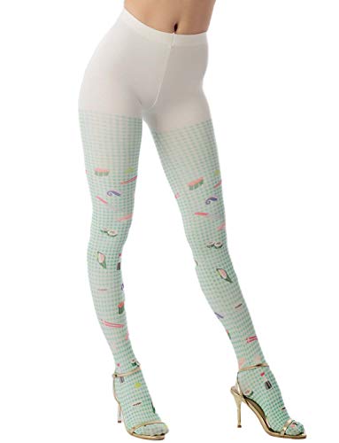 iB-iP Mujer Hosiery Lindo Sushi Caricatura Nylon A Cuadros 100 Den Opaca Medias, Tamaño: Talla única, Polvo verde & Amarillo claro