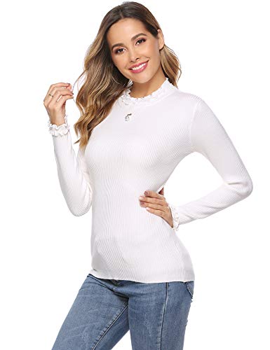 iClosam Camiseta Manga Larga Mujer Slim Fit Suelto Deportiva Casual Primavera Cuello Pullover Tops Elegantes Blusas Jersey Punto Suelto Top (Blanco, XXL)