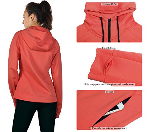 icyzone Chaqueta deportiva para mujer con cremallera, chaqueta de entrenamiento con capucha, sudadera de manga larga para el invierno Coral rojo. L