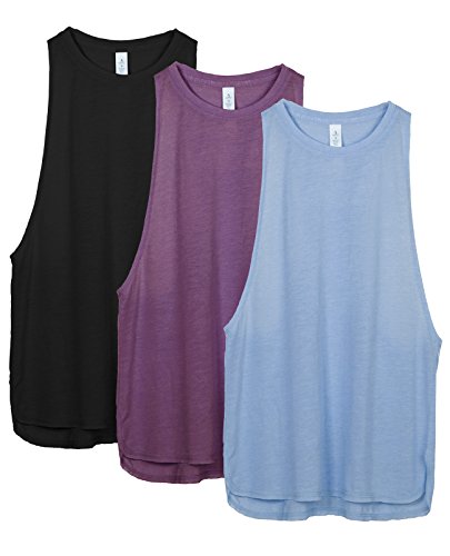 icyzone Sueltas y Ocio Camiseta sin Mangas Camiseta de Fitness Deportiva de Tirantes para Mujer(Paquete de 3) (XS, Negro/UVA Morada/Azul Cielo)