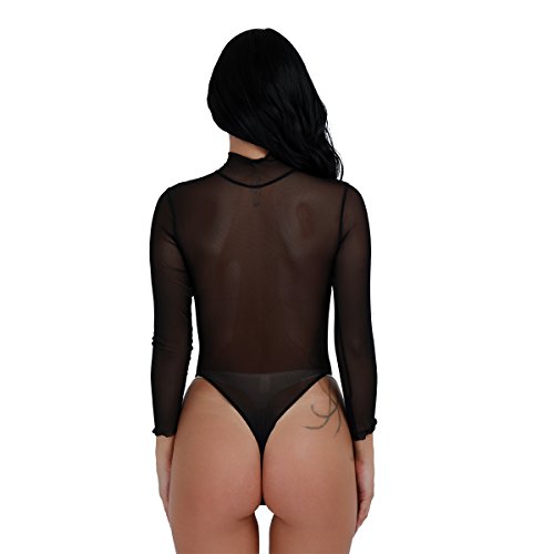 IEFIEL Lencería Sexy Mujer Conjunto Una Pieza Body Transparente Mono Manga Larga Ropa Interior Leotardo Cuello Alto Bodies Entrepierna con Corchetes Tanga Negro M