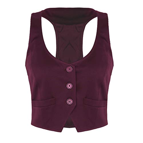 iiniim Uniforme Chaleco Mujer Chica Vestimenta Classico Traje Formal de Fiesta Ceremonia Bautizo Algodón Camisa sin Mangas V Cuello Botones Camarera Suit Vest Waistcoat Boda Vino Tinto Large