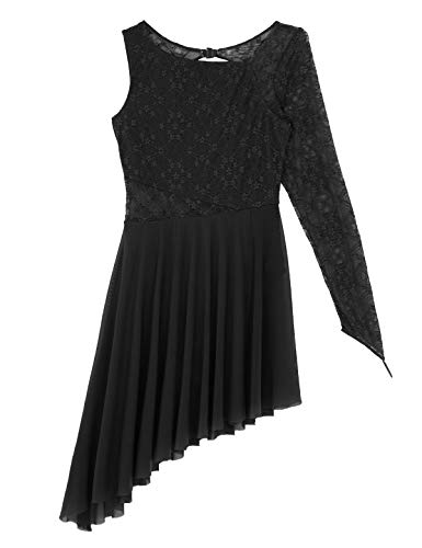 iixpin Vestido de Danza Lírica Moderna Maillot de Patinaje Artística Traje Bailarina Vestido de Encaje Floral Falda Asimétrica de Tul con Bragas Negro Large