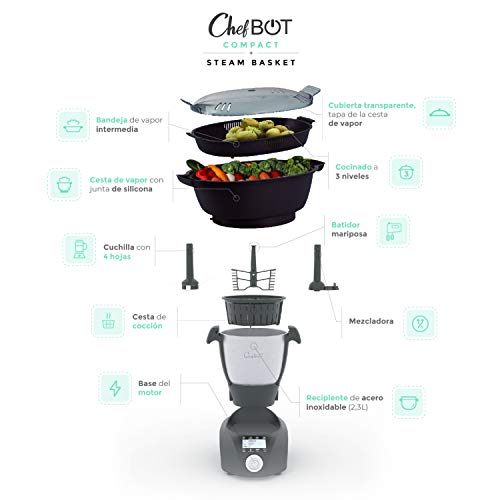 IKOHS CHEFBOT Compact STEAMPRO - Robot de Cocina Multifunción, Cocina al Vapor, 23 Funciones, 10 Velocidades con Turbo, Bol Acero Inoxidable 2,3 L, Libre BPA (con Vaporera y Recetario - Negro)