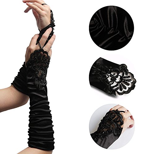 iLoveCos 1920s Largo sin Dedos Boda Novia Tarde Guantes Satin Elegante para Accesorios de Vestuario Traje Fiesta (Black)