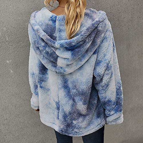 iMixCity Suéter de Lana borroso para Mujer Sudadera con Capucha de Sherpa con Estampado de teñido Anudado Peludo Abrigo Informal Suelto con Bolsillo (Azul Claro, L)