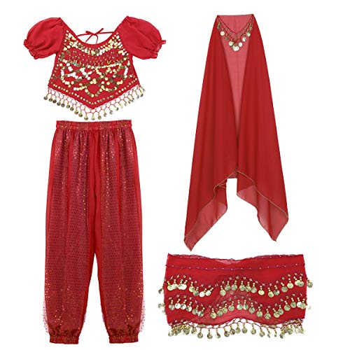 inhzoy Vestido Danza del Vientre para Mujer Disfraz de Princesa Árabe Traje de Baile India Lentejuelas Conjunto de Danza Oriental 4Pcs para Fiesta Actuación Rojo Talla Única