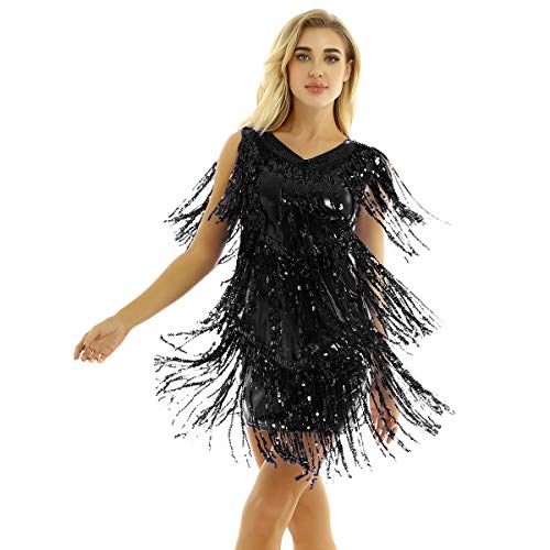 inhzoy Vestido de Baile Latino Lentejuelas para Mujer Vestido de Rumba Tango Salsa Samba Flecos Traje de Baile de Salón Disfraz de Fiesta Dancewear Negro XXL