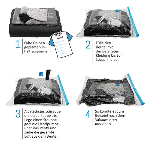 int!rend 33 XXL Vacuum Bag Set - 12 Bolsas de almacenaje al vacío Reutilizables | 3 tamaños Diferentes Incluyendo 20 blocs de Notas y Bomba de Mano | Estiba de Ropa de Cama, Almohadas, Fundas de Cama