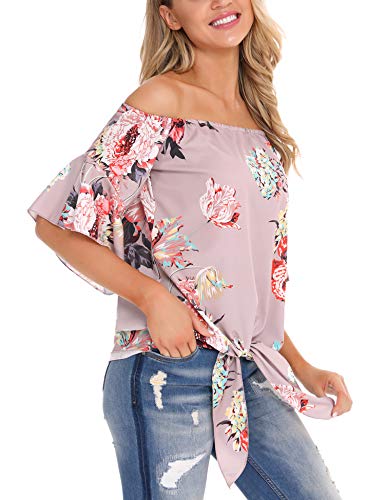 Irevial Camiseta Mujer Sexy, Top de Gasa con Hombros Descubiertos y Cuello de Manga Acampanada, Blusas Mujer Verano de Estampado de Flores