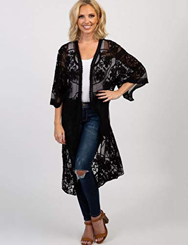 iWoo - Cárdigan kimono sexi para mujer, largo, para proteger del sol en la playa, de encaje floral estilo crochet para cubrirse en la playa. Negro B-negro Talla única