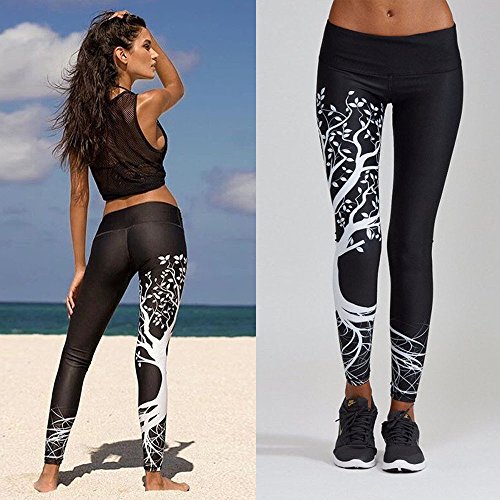 IYU_Dsgirh Pantalones Yoga Mujeres Patrón de árbol Leggings Pantalones Largos Deportivos para Mujer (Negro, S)