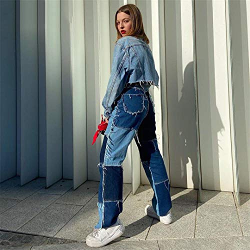 JCNHXD Pantalones Vaqueros Rectos de Retazos para Mujer Pantalones de Pierna Recta con borlas Pantalones de Mezclilla Holgados de Cintura Alta Streetwear Blue L