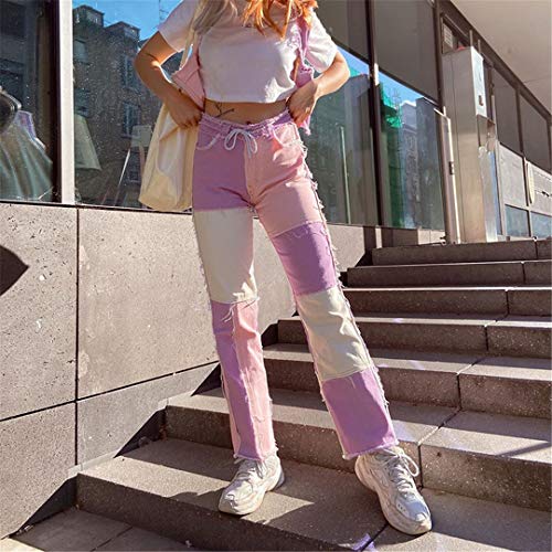 JCNHXD Pantalones Vaqueros Rectos de Retazos para Mujer Pantalones de Pierna Recta con borlas Pantalones de Mezclilla Holgados de Cintura Alta Streetwear Blue L