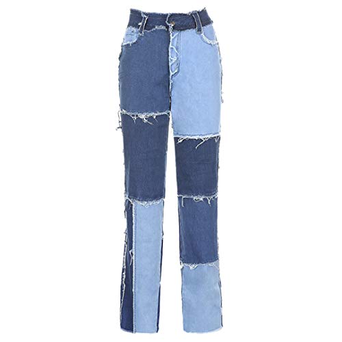 JCNHXD Pantalones Vaqueros Rectos de Retazos para Mujer Pantalones de Pierna Recta con borlas Pantalones de Mezclilla Holgados de Cintura Alta Streetwear Blue L