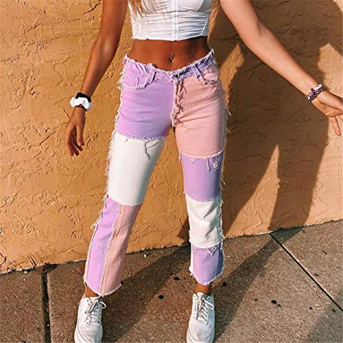 JCNHXD Pantalones Vaqueros Rectos de Retazos para Mujer Pantalones de Pierna Recta con borlas Pantalones de Mezclilla Holgados de Cintura Alta Streetwear Blue L