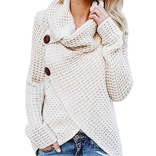 Jerseys De Punto para Mujer Cuello de Tortuga Manga Larga Suelto Prendas de Punto Suéter Irregular Jerséis Collar de la Pila Tops Cálido Otoño Invierno riou (White, M)