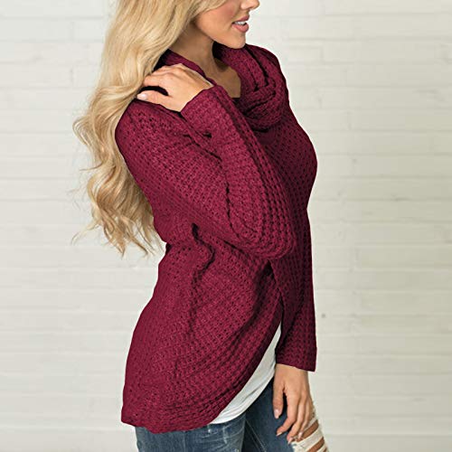 Jerseys De Punto para Mujer Cuello de Tortuga Manga Larga Suelto Prendas de Punto Suéter Irregular Jerséis Collar de la Pila Tops Cálido Otoño Invierno riou (Red, L)