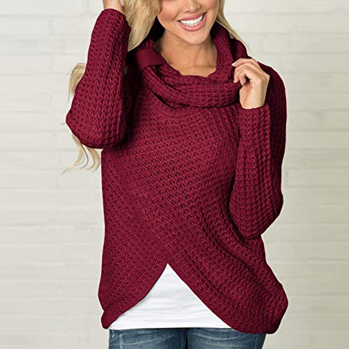 Jerseys De Punto para Mujer Cuello de Tortuga Manga Larga Suelto Prendas de Punto Suéter Irregular Jerséis Collar de la Pila Tops Cálido Otoño Invierno riou (Red, L)