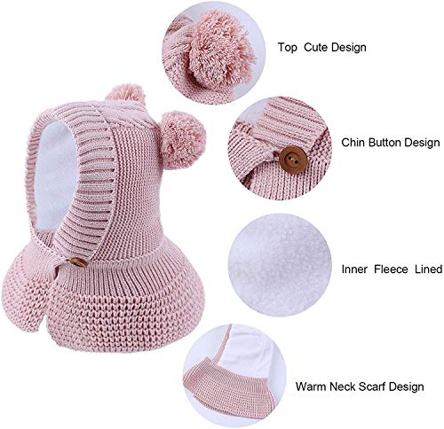 JFAN Gorro de Bebé Niña Invierno Sombrero con Double Cable pompón Bufanda con botón Caliente de Bebé Oso Lindo Niño Orejera Beanie Tejido Gorro de Punto Caliente Capucha Bufanda Caps Sombrero