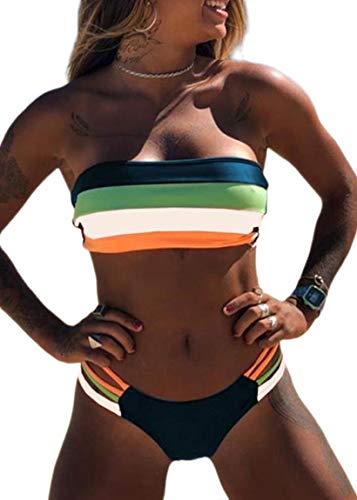 JFAN Mujer Conjunto de Bikini Dividido Colorido Rayas Sin Tirantes Cosido Sujetador Acolchado Sin Respaldo Push-up Bikinis Bottoms Ropa de Playa Traje de Baño