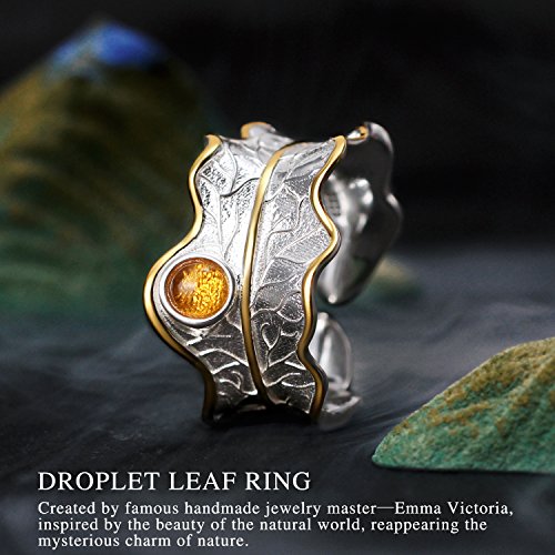 JIANGYUYAN  Regalo para Navidad S925 Anillos de Plata esterlina Anillo de Hoja Ajustable Natural Hecho a Mano único Regalo de joyería de Moda para Mujeres y niñas(Yellow)