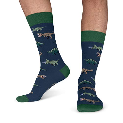 Jimmy Lion Calcetines para Hombre y Mujer Azul Jurassic Dinos Talla 41-46. Media caña en algodón peinado.