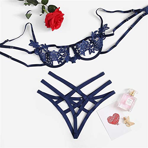 Jinqiuyuan Las Mujeres Azul Arnés Apliques Aros Sexy Íntimos Negro Correas V-Secuencia de la Ropa Interior Femenina Transparente Bra Set (Color : Blue, Cup Size : S)