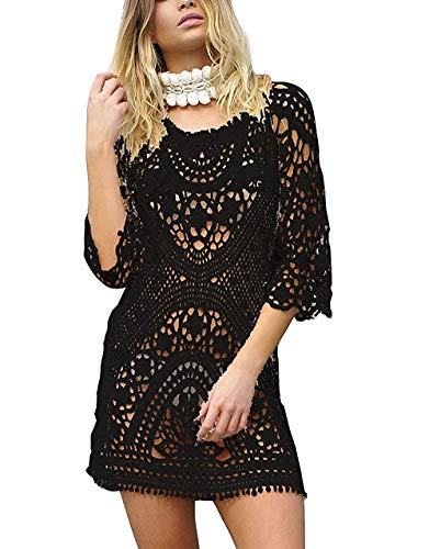 Jinsha Mujer Vestido de Playa Sexy Bikini Cover Up Crochet Borlas Pareos Trajes de Baño Camisola de Playa (Negro)