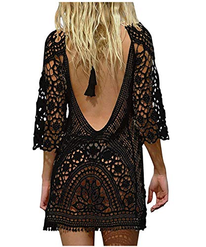 Jinsha Mujer Vestido de Playa Sexy Bikini Cover Up Crochet Borlas Pareos Trajes de Baño Camisola de Playa (Negro)