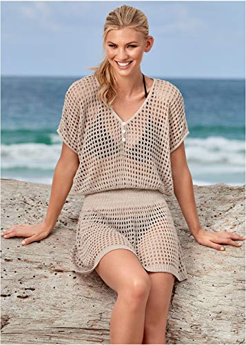 Jinsha Vestido de Playa - Mujer Pareos y Camisola de Playa Sexy Hueco Traje de Baño Punto Bikini Cover up (Oversize-Beige)