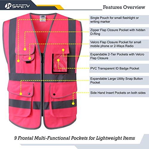 JKSafety Nueve bolsillos Nivel 2 Uniforme trabajo Chaleco con cremallera-Chaleco reflectante fluorescente-Chaleco de segurida Rosa(X-Large)