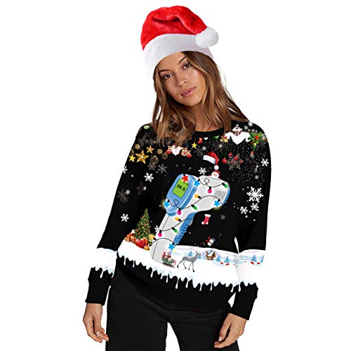 JUPSK Sudaderas navideñas unisex, Impreso en 3D divertido cuello redondo de manga larga para disfraces de fiesta de Navidad, novedad Santa con capucha y jersey de cuello redondo para mujeres y hombres