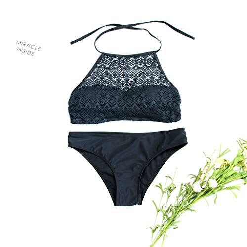 KEERADS - Bikini de cuello alto para mujer, juego de bikini con push up, push up, traje de baño de malla con sujeción al cuello, traje de baño de dos piezas Negro M