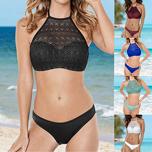 KEERADS - Bikini de cuello alto para mujer, juego de bikini con push up, push up, traje de baño de malla con sujeción al cuello, traje de baño de dos piezas verde L