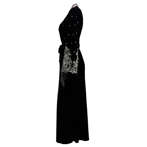 Keerads- Vestido musulmana para mujer Dubai largo vestido de una sola pieza arbitraria islámica con lazos de corte de tránsito para mujer, manga larga perlada, encaje de terciopelo dorado multicolor M