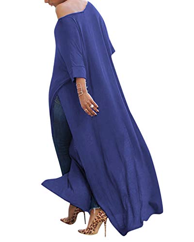 kenoce Blusa de Mujer Irregular Maxi Blusa Sueltas Largas Cuello Redondo y Manga Larga 3/4 Elegante Fiesta Cóctel Noche H-Azul M