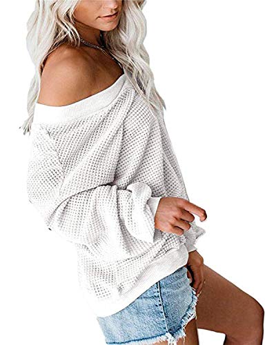 kenoce Jersey Mujer Otoño Suéter Fuera del Hombro Oversize Ancho Tejer Sueter Oversize Pullover Mujer Manga Larga Casual Suelto Blusa G-Blanco L