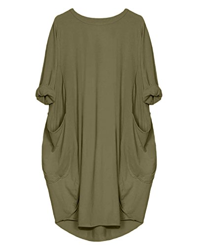 Kidsform Vestido de Talla Grande para Mujer Vestido de Otoño de Primavera Túnica de Gran Tamaño Mini Vestido Manga Larga Cuello Redondo con Bolsillos Casual D-Verde Militar M