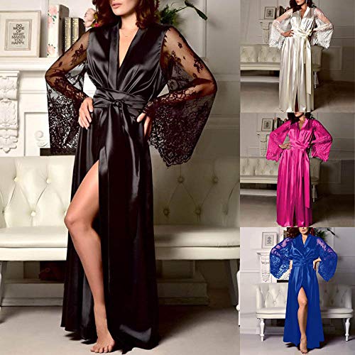 Kimono de Encaje Conjunto de Pijama Seda Mujer Verano Ropa de Dormir con Manga Larga Vestido Interior Transparente Bata Sexy Outwear Sólido Traje de Cama de Talla Grande Picadía Cómoda (Negro, M)