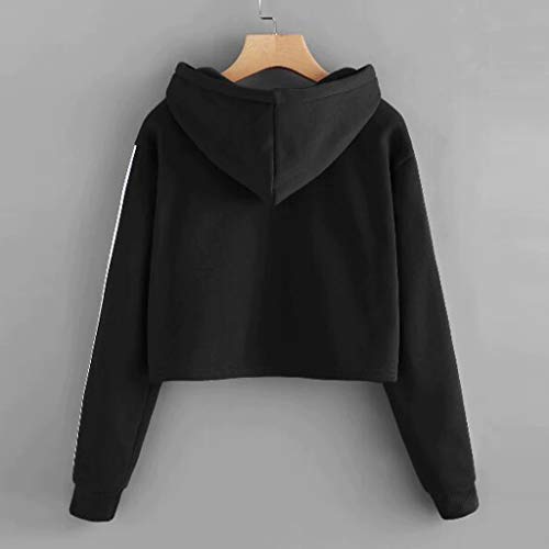 KIRALOVE Sudadera de Top Crop deportiva con capucha – Rayas laterales – Moda – Camiseta – Sudadera – Niñas – Mujer – Idea regalo original – Color negro Negro XXL