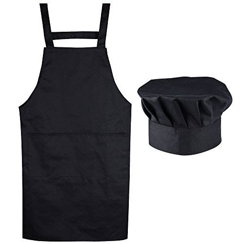 (Kit de 2) Unisex Delantal+Gorro Cocinero Delantal Mandil Original de Peto de Chef de Cocina para Hombre Mujer Negro Talla Única