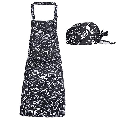 Kit Delantal de Cocina + Gorro de Cocina Delantal Babero Delantal Largo con Bolsillo Negro para Hombre Mujer Unisex Chef Cocinero Camarero Hogar Restaurante Bar Pandería Hotel (Cuchillo y tenedor)