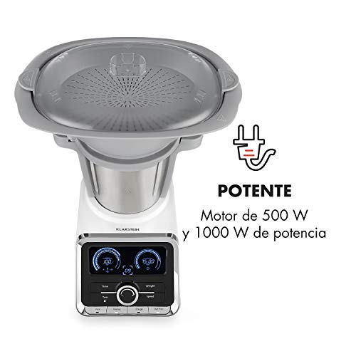 Klarstein GrandPrix - Robot de cocina, Batidora, Maquina de amasar, 500-1000W, Recipiente de acero inoxidable, 2,5L, Temperatura ajustable entre 30 y 120ºC, 12 velocidades, Acero/Blanco