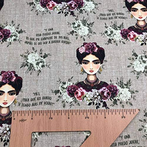 Kt KILOtela Tela por Metros de loneta Estampada Digital - Half Panamá 100% algodón - Ancho 280 cm - Largo a elección de 50 en 50 cm | Frida Kahlo - Marrón, Morado, Blanco