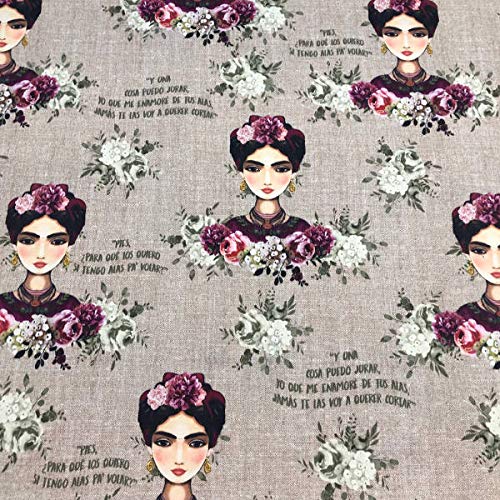 Kt KILOtela Tela por Metros de loneta Estampada Digital - Half Panamá 100% algodón - Ancho 280 cm - Largo a elección de 50 en 50 cm | Frida Kahlo - Marrón, Morado, Blanco