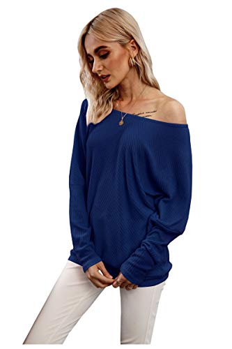 Landove Camiseta Manga Murcielago Mujer Sueter Cuello Barco Camisa Hombro Descubierto Blusa Sin Tirantes Tunica Talla Grande Pullover de Punto Sudadera Sin Capucha Basic Tshirt Baggy Jumper Top Liso