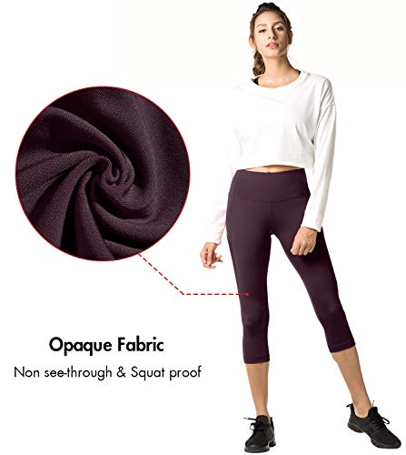 LAPASA Mallas Deportivas 3/4 Capris de Mujer Cintura Alta con Bolsillo (Leggings para Yoga, Pilates, Running) L02 (XS/34 (Cintura 58-66, Cadera 74-82 cm), Burdeo Oscuro II (Bolsillo Lateral))